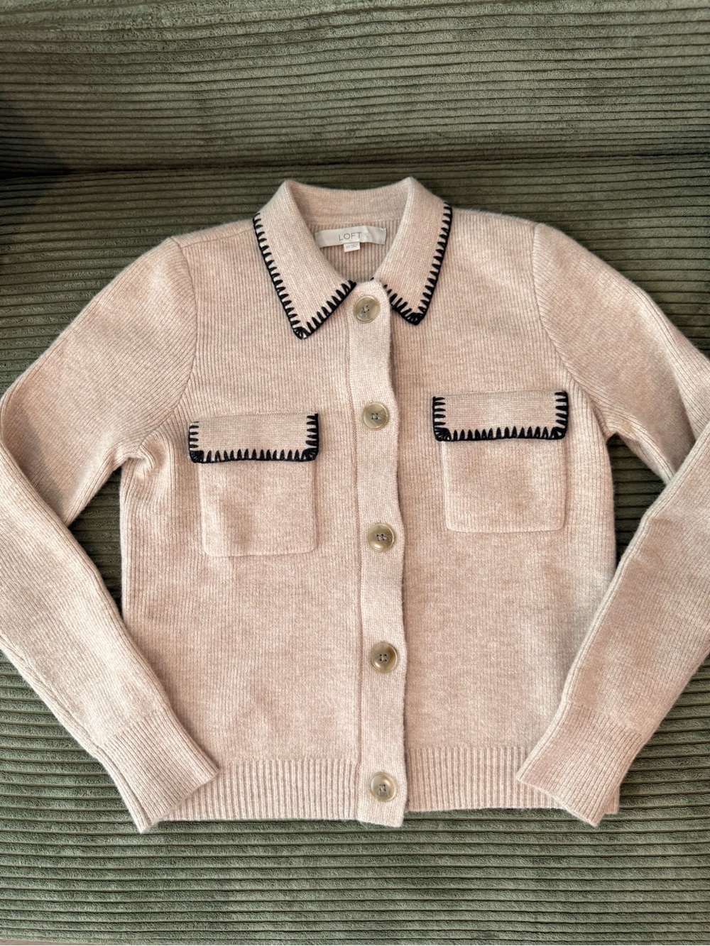 LOFT Pink-Beige Knit Button Cardigan with Black Contrast Trim
